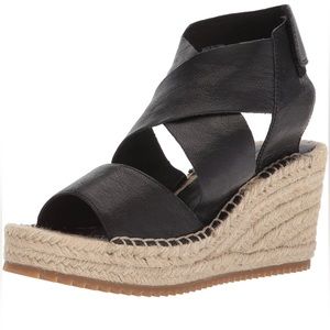 EILEEN FISHER Willow Espadrille Platform Wedges Black Tumbled Leather Color Sz 7